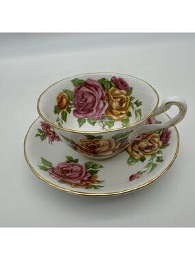 Vintage Royal Chelsea Bone China Pink Yellow Rose Teacup Saucer Shower Bridal